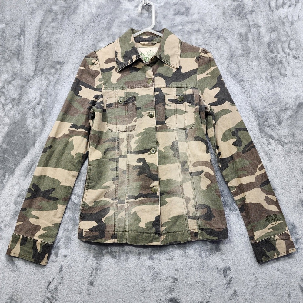 Roxy Surf Jacket Womens M Green Faded Camo Denim Shacket Military Utility Casual
